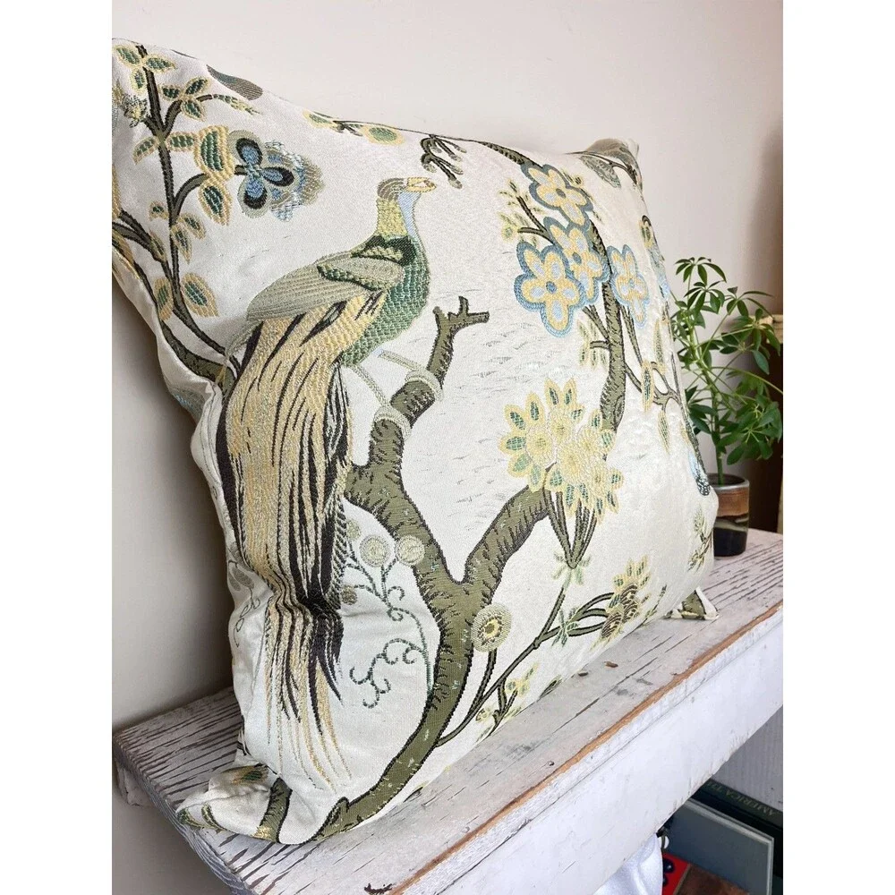 Vintage Hollywood Regency Peacock Flowers And Birds Pillow 22”x22” Estate Decor
